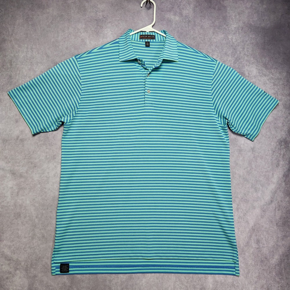Peter Millar Summer Comfort Mens Large Green Blue Stripe US Open Golf Polo Shirt